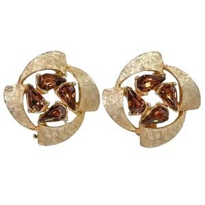 1960s Karu Arke Gold Plate & Topaz Rhinestone Open Design Circular Clip Earrings